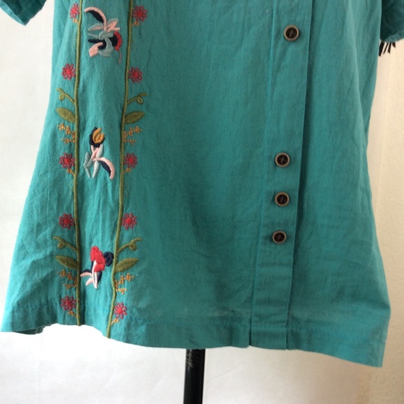 Teal Boho Floral Embroidered Short Sleeve Top XL - Picture 3 of 12